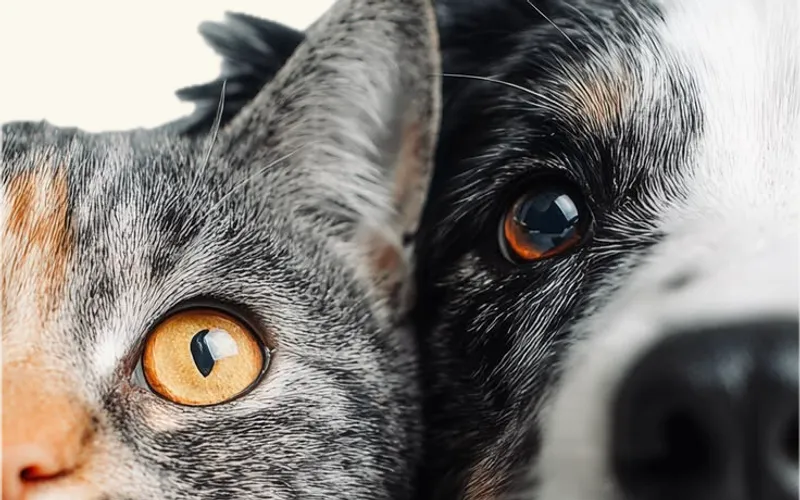 Media cara de un gato junto a media cara de un perro