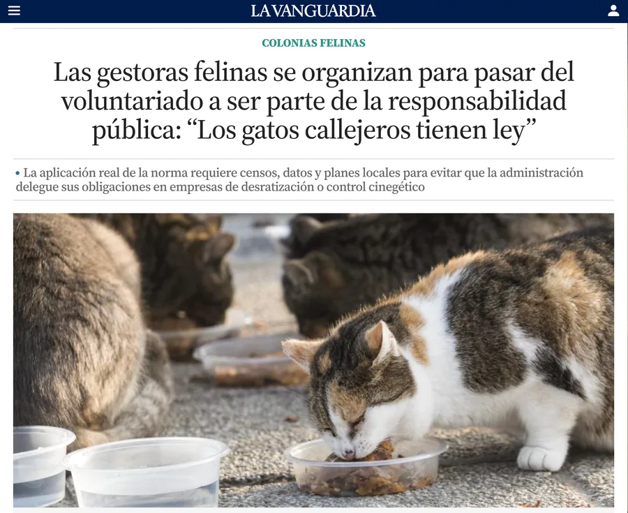 Titular del artículo de La Vanguardia: Las gestoras felinas se organizan para pasar del voluntariado a ser parte de la responsabilidad pública