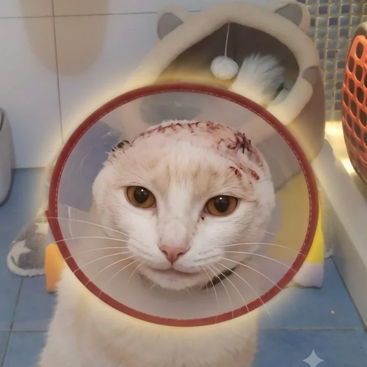Zeolito, el gato real de Zeolandia, recuperándose con el collar isabelino tras el rescate